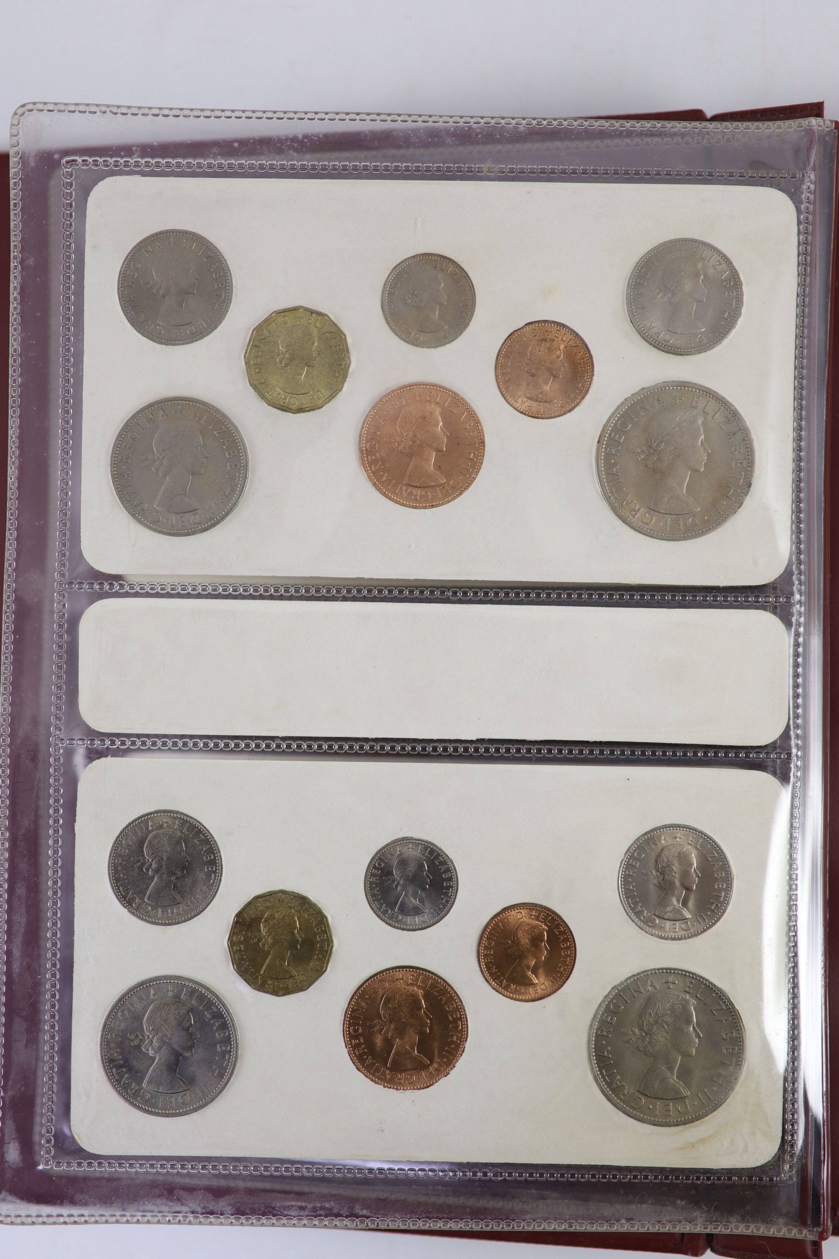 Queen Elizabeth II pre-decimal specimen coin sets for 1953 - 1967, first and second issues, all EF/UNC (15 sets), including 1954, 1957-1959 halfcrowns, florins and shillings, scarce in high grade